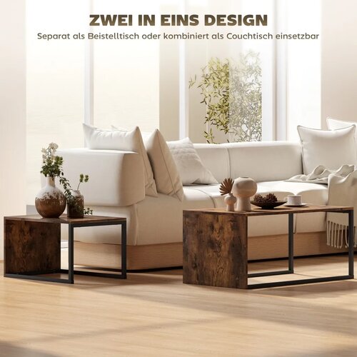  Set od 2 stolića za kavu stolića za sofu pomoćnih stolića iverica metal 90 x 48 x 42 cm/59 x 42 x 36 cm crna+smeđa Slike