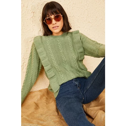Bianco Lucci Women's Mint Green With Openwork Ruffles, Soft Sweater