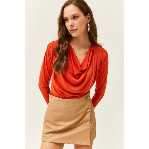 Olalook Women's Orange Padded Pleated Collar Blouse Slike