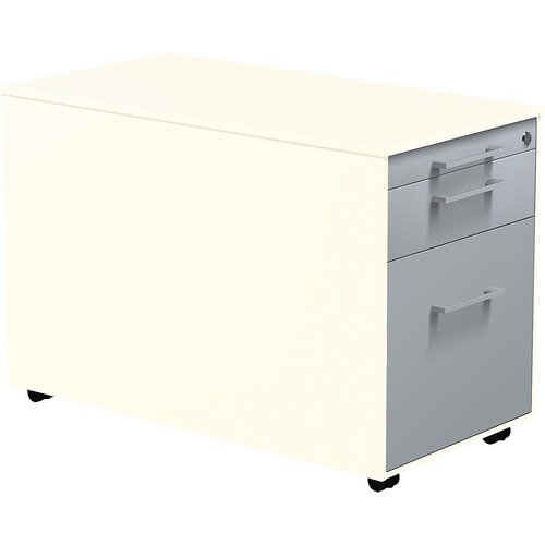 mauser Predalnik na kolesih, VxG 520 x 800 mm, 1 predal za material, 1 predal za obešalne mape, čisto bele / aluminijasto srebrne / čisto bele barve Cene