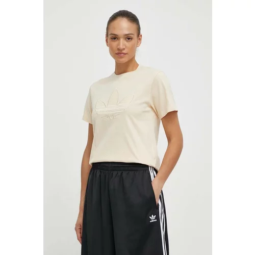 Adidas Bombažna kratka majica ženska, bež barva, IS3868