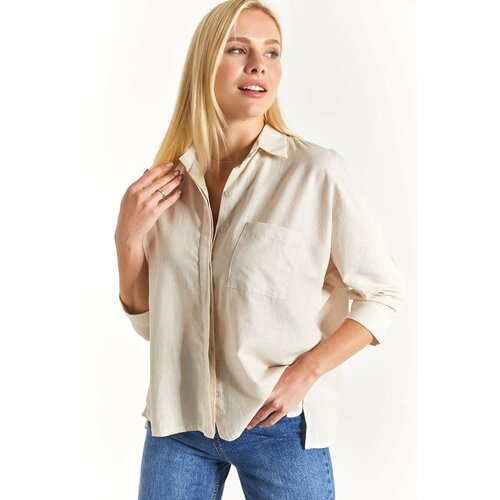 armonika Women's Light Beige Loose Linen Shirt with Pockets Slike