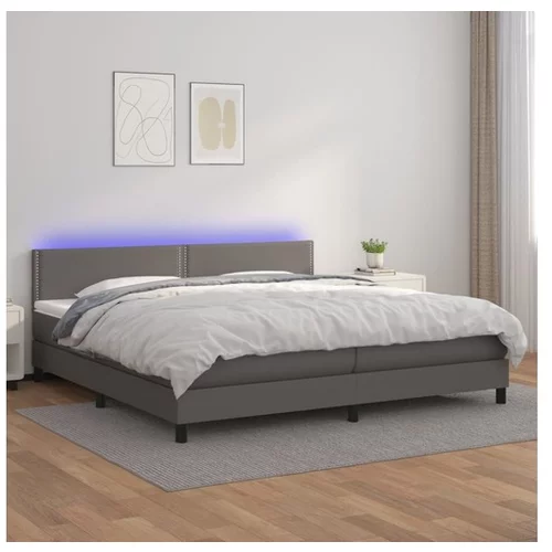  Box spring postelja z vzmetnico LED siva 200x200cm umetno usnje