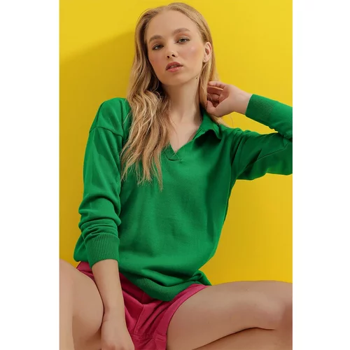 Trend Alaçatı Stili Women's Green Polo Collar Basic Seasonal Knitwear Sweater