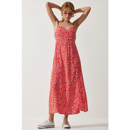Happiness İstanbul Women's Red Strap Patterned Viscose Dress Slike