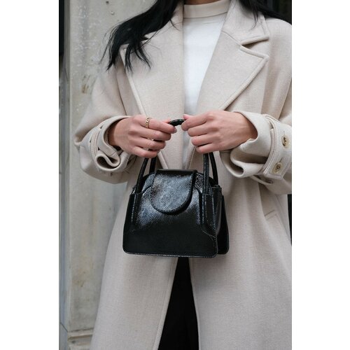 Madamra Black Patent Leather Women's Clamshell Mini City Bag Slike