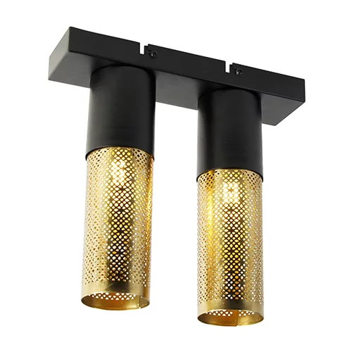 QAZQA Industrijska stropna svetilka črna z zlatimi 2 lučkami - Raspi