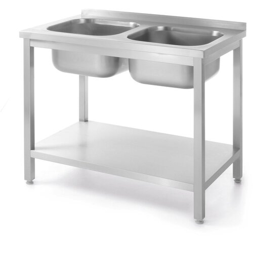 Hendi Sto sa 2 sudopere i policom, pričvr&amp;scaron;ćen &amp;scaron;rafovima, Kitchen Line, 1000x600x(H)850mm Slike