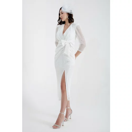 Lafaba Women's White Double Breasted Neck Slit Midi Evening Dress