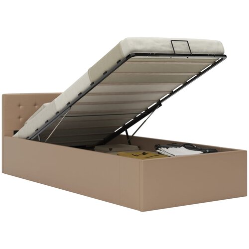 VidaXL Dvižni posteljni okvir kapučino umetno usnje 100x200 cm Slike