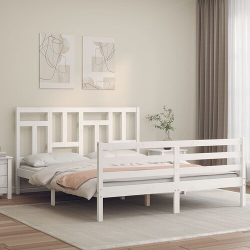 The Living Store Posteljni okvir z vzglavjem bel trden les - Posteljni Okvir, (21526303) Slike