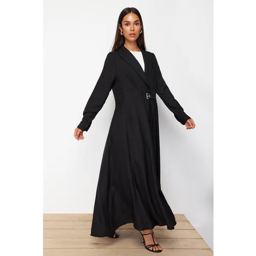 Trendyol Black Linen Look Woven Dress with Belt Detail on the Front