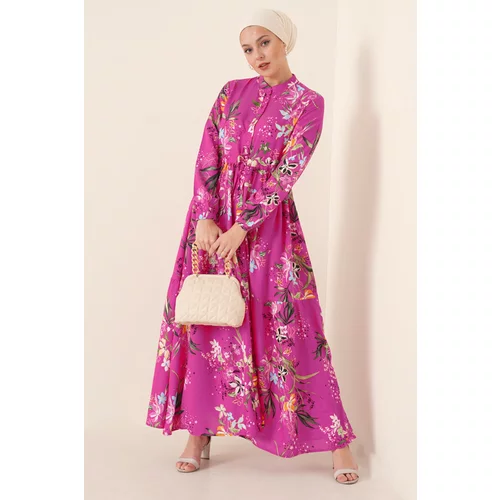 Bigdart 2144 K. Pink Patterned Big Collar Hijab Dress
