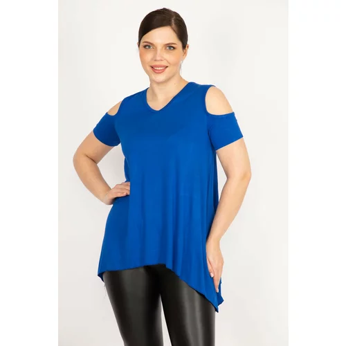 Şans Women's Saxe Blue Plus Size Decollete Asymmetric Cut Viscose Blouse