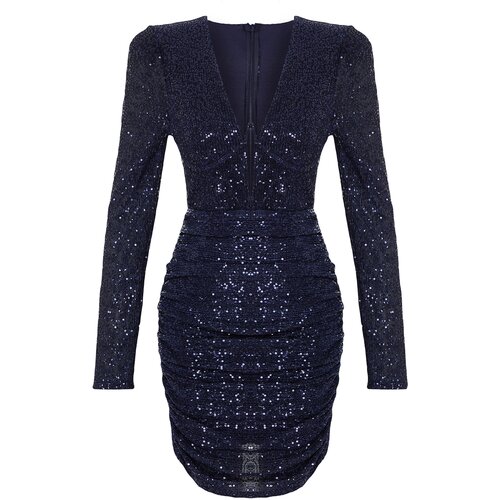 Trendyol Navy Blue Fitted Shiny Sequined Elegant Evening Dress Slike