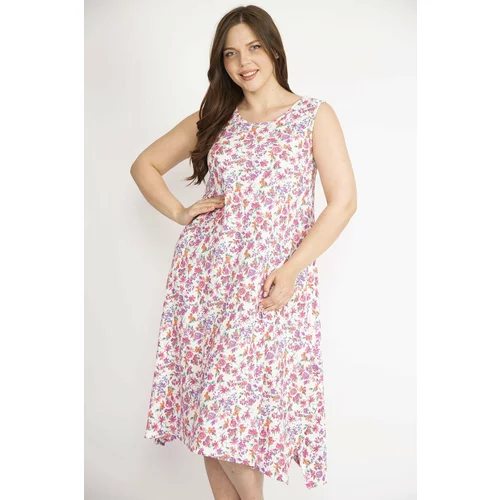 Şans Women's Colorful Plus Size Crepe Fabric Floral Pattern Sleeveless Dress