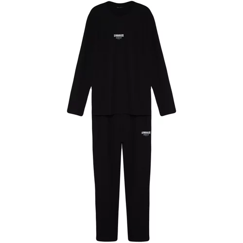 Trendyol Men's Black Regular Fit Printed Waffle Knitted Pajamas Set.