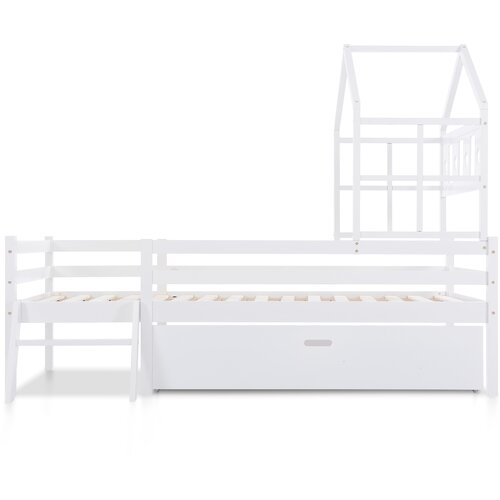 Lumor Postelja v obliki hiške 90x200 cm iz masivnega lesa - z lestvijo + predali + zaščito pred padcem - bela, (22155710) Cene