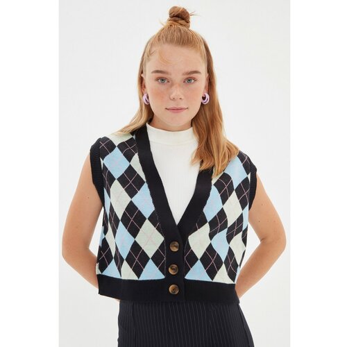 Trendyol Navy Blue Buttoned Crop Knitwear Sweater Slike