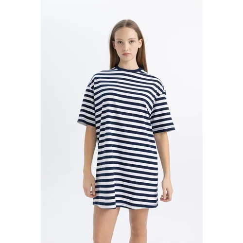 Defacto Cool Oversize Striped Combed Cotton Short Sleeve Mini T-Shirt Dress