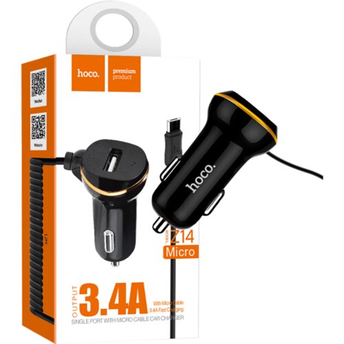 Hoco. Auto punjač sa micro USB kabl, USB, 5 V/3.4 A, crna &amp;ndash; Z14 single, micro USB, BK Slike
