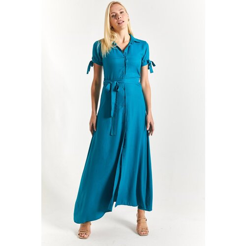 armonika Women's Petrol Shirt Dress with Tie Sleeves and Belted Waist Slike