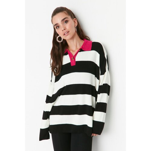 Trendyol Black Striped Polo Collar Knitwear Sweater Slike
