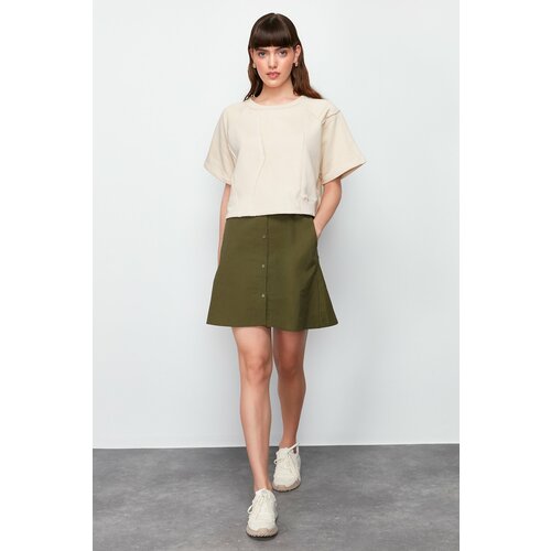 Trendyol Stone-Khaki Parachute Skirt Detailed Crew Neck Midi Knitted T-shirt Dress Cene