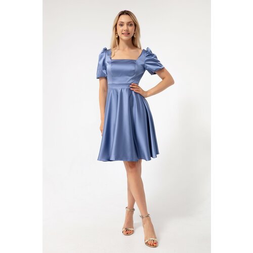 Lafaba Women&amp;#039;s Indigo Balloon Sleeve Flared Cut Midi Satin Evening Dress Slike