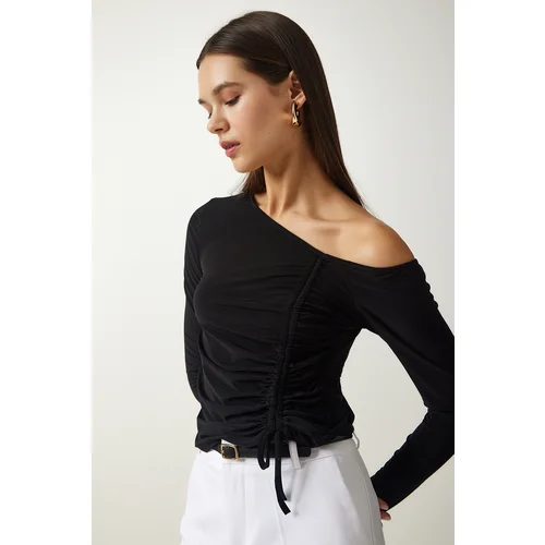  Women's Black Gather Detailed Knitted Blouse