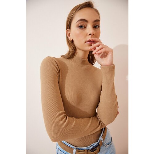 Happiness İstanbul Women's Biscuit Turtleneck Ribbed Knitted Blouse Slike