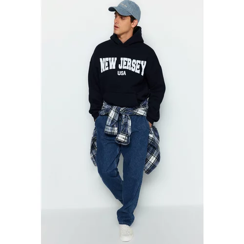 Trendyol Navy Blue Men's Oversize/Wide-Cut Fluffy City Print 100% Cotton Sweatshirt