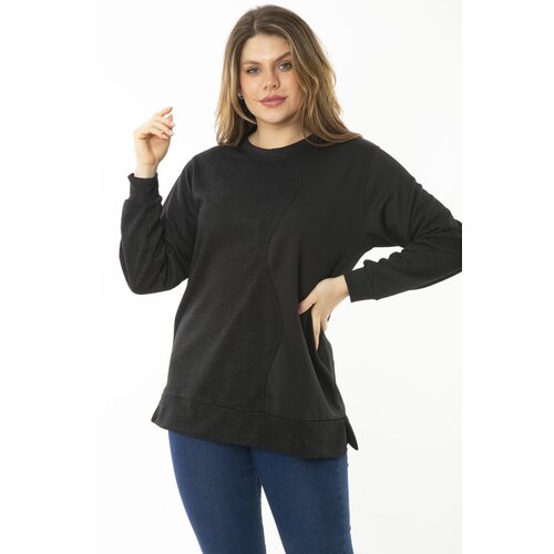 Şans Women's Plus Size Black Dueble Face Fabric Color Combined Sweatshirt Cene