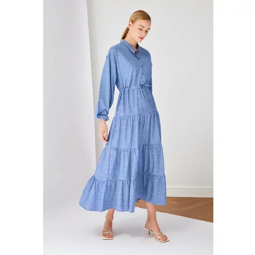 Trendyol Indigo Lace-Up Waist Button Detailed Knit Collar Knitted Dress