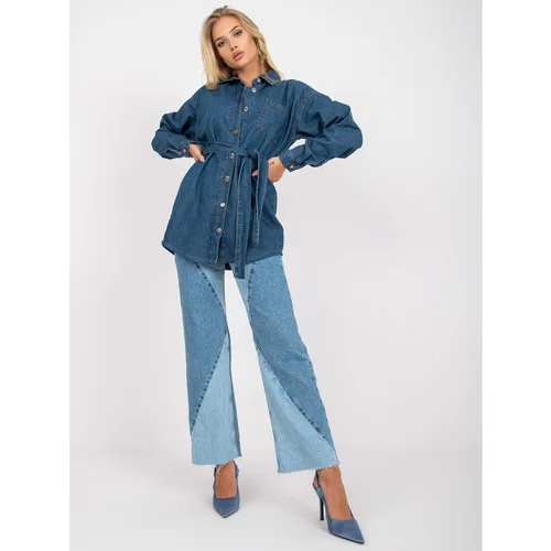 Fashion Hunters Blue women's denim shirt with a belt RUE PARIS