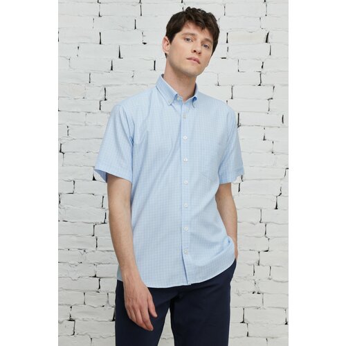 ALTINYILDIZ CLASSICS Men's Light Blue Comfort Fit Comfy Cut Buttoned Collar Check Short Sleeve Shirt. Slike