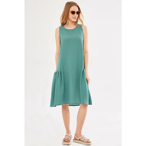 armonika Women's Turquoise Decapped Dress Side Gathered Sleeveless Linen Look Midi Length