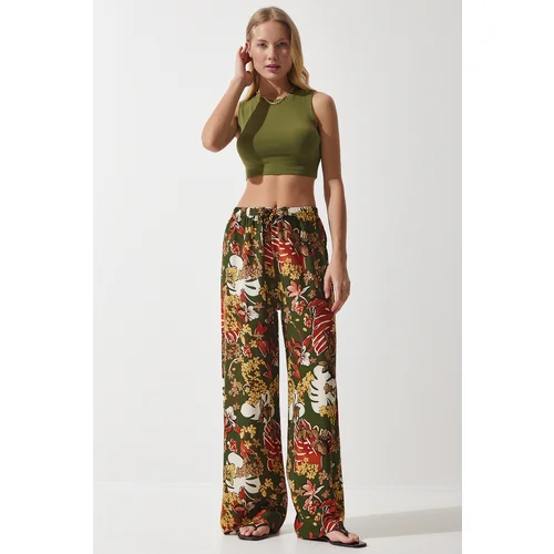  Women's Khaki Yellow Patterned Flowing Viscose Palazzo Trousers