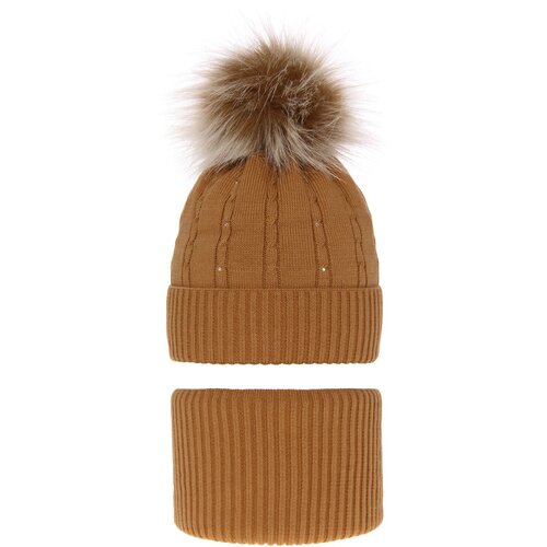 AGBO Girl&amp;#039;s winter set: hat and tube scarf camel Lawa with pompom Slike
