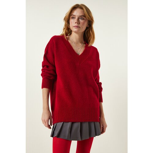 Happiness İstanbul Women's Red V-Neck Oversize Knitwear Sweater Slike