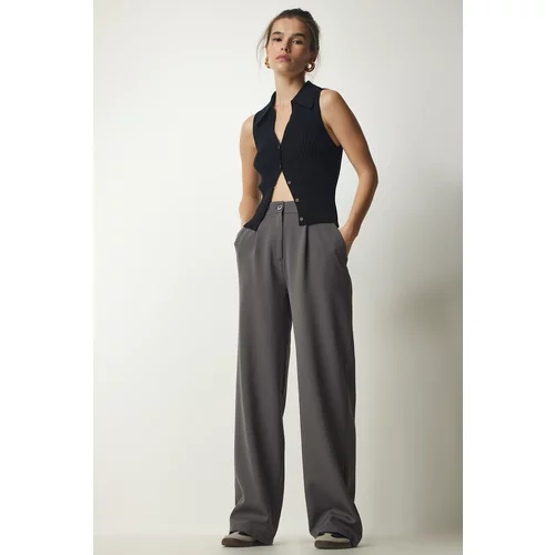 Happiness İstanbul Women's Gray Pleated Woven Trousers