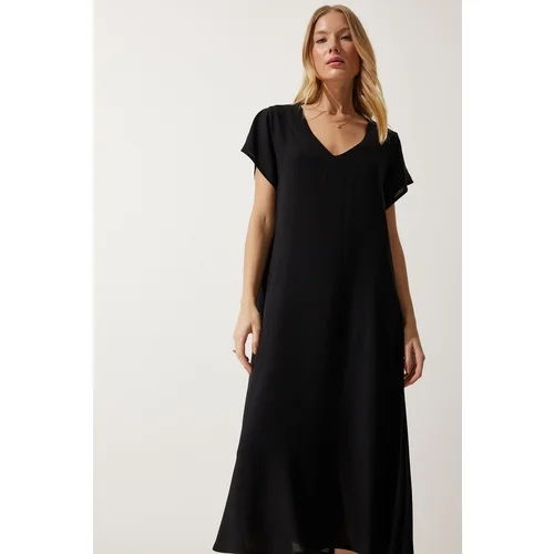  Women's Black V-Neck Summer Flowing Viscose Dress