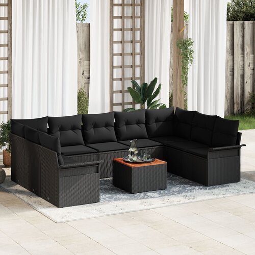 VidaXL Set od 10 dijelova Vrtne Sofa s Jastučićima Crna Poly Rattan Akacija Slike