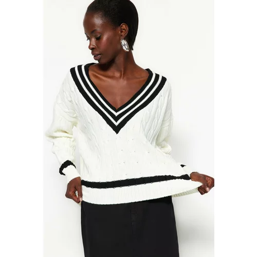 Trendyol Ecru V-Neck Knitwear Sweater