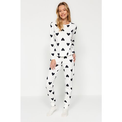 Trendyol White-Black 100% Cotton Heart Patterned Tshirt-Jogger Knitted Pajamas Set Cene