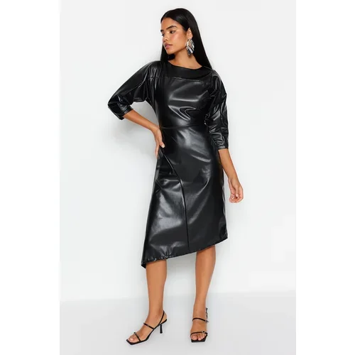 Trendyol Black Waist Opening Asymmetric Skirt Faux Leather Woven Dress
