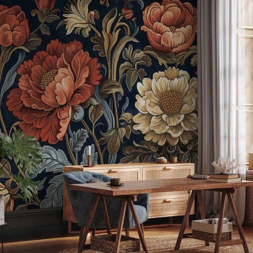  Foto tapeta - Tapestry Large Flowers Retro Floral Motif in Kilim Style 350x256 Slike