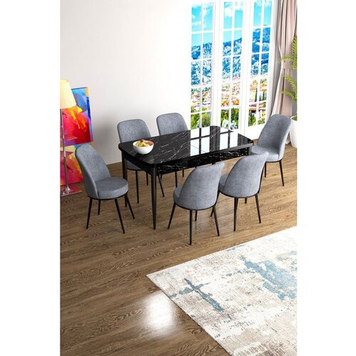 Hanah home Han - Black Marble, Grey Black MarbleGrey Extendable Dining Table & Chairs Set (7 Pieces) Cene