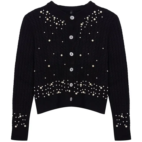 Trendyol Black Crop Soft Textured Pearl Detailed Knitwear Cardigan