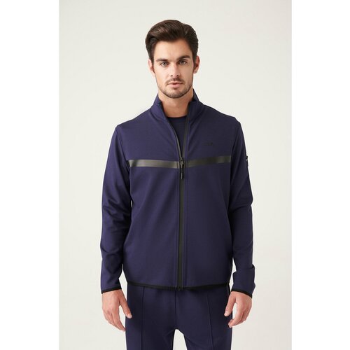 Avva Men's Navy Blue Interlock Fabric Stand Collar Printed Standard Fit Regular Cut Sweatshirt Slike
